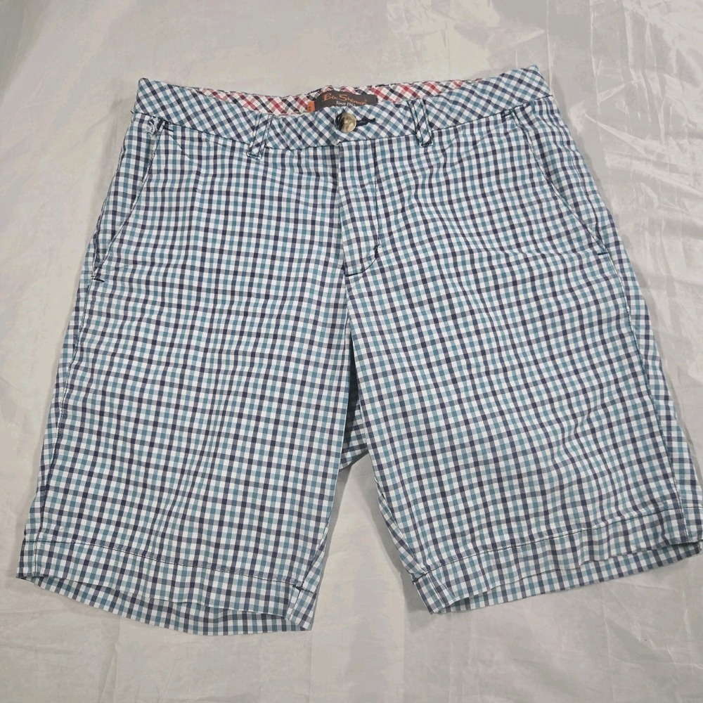 Ben Sherman Men's Plaid Shorts Size 36 Blue Teal Check Flat Front Casual Cotton